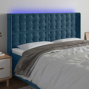 Tăblie de pat cu LED, albastru închis, 203x16x118/128cm catifea