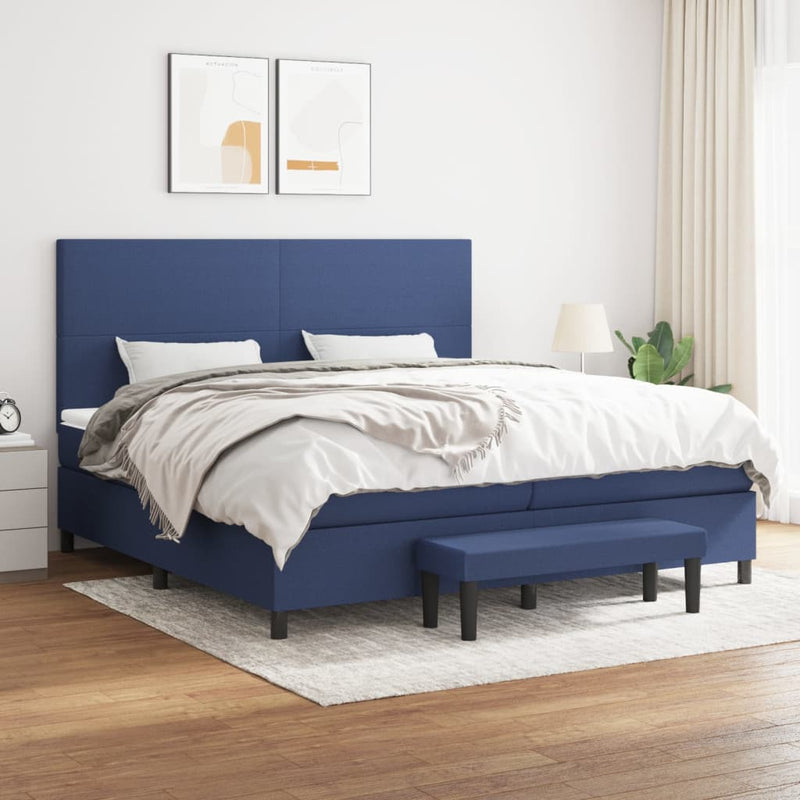 Pat box spring cu saltea, albastru, 200x200 cm, textil