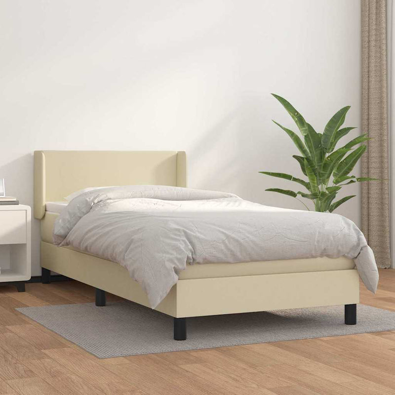 Pat box spring cu saltea, crem, 80x200 cm, piele ecologică