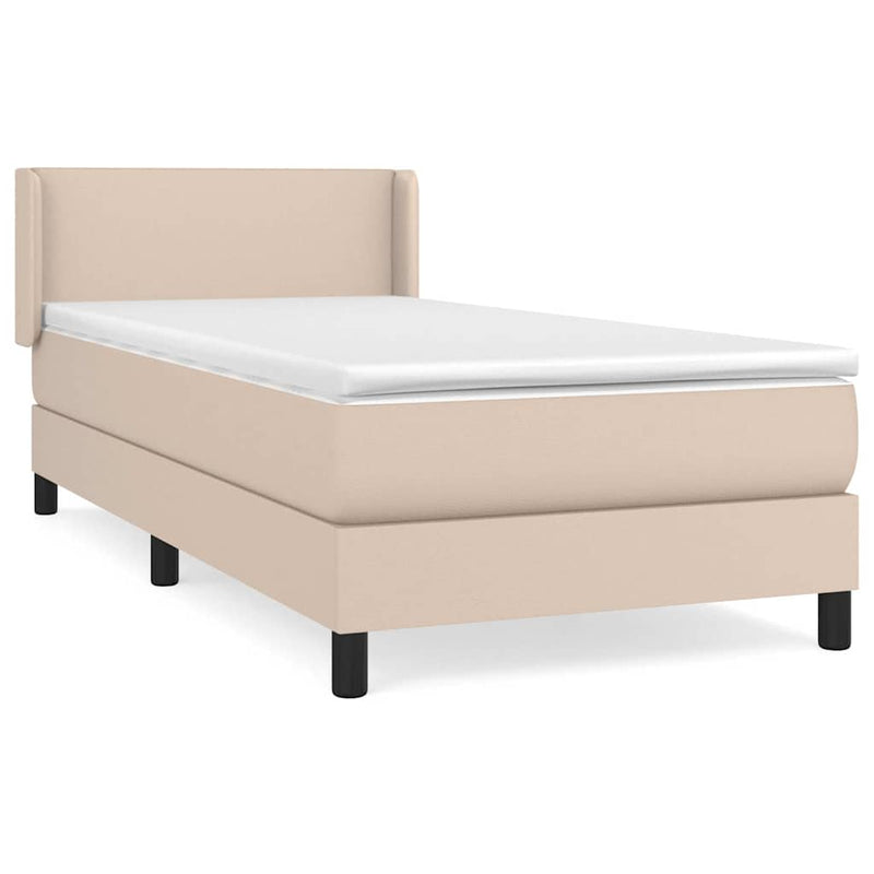 Pat box spring cu saltea, cappuccino, 90x200 cm piele ecologică