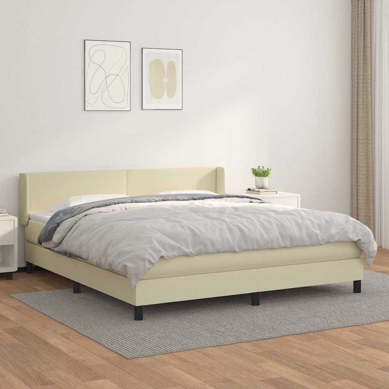 Pat box spring cu saltea, crem, 180x200 cm, piele ecologică