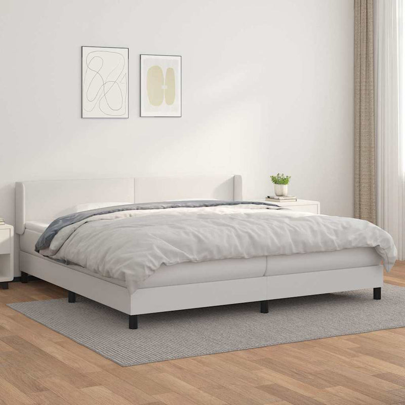 Pat box spring cu saltea, alb, 200x200 cm, piele ecologică