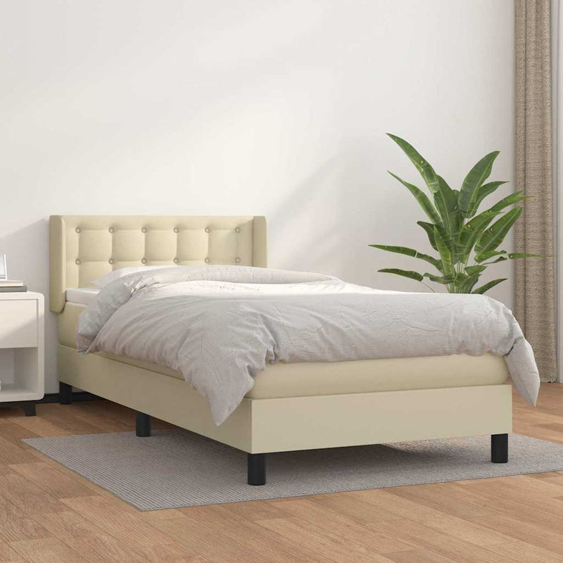 Pat box spring cu saltea, crem, 90x190 cm, piele ecologică