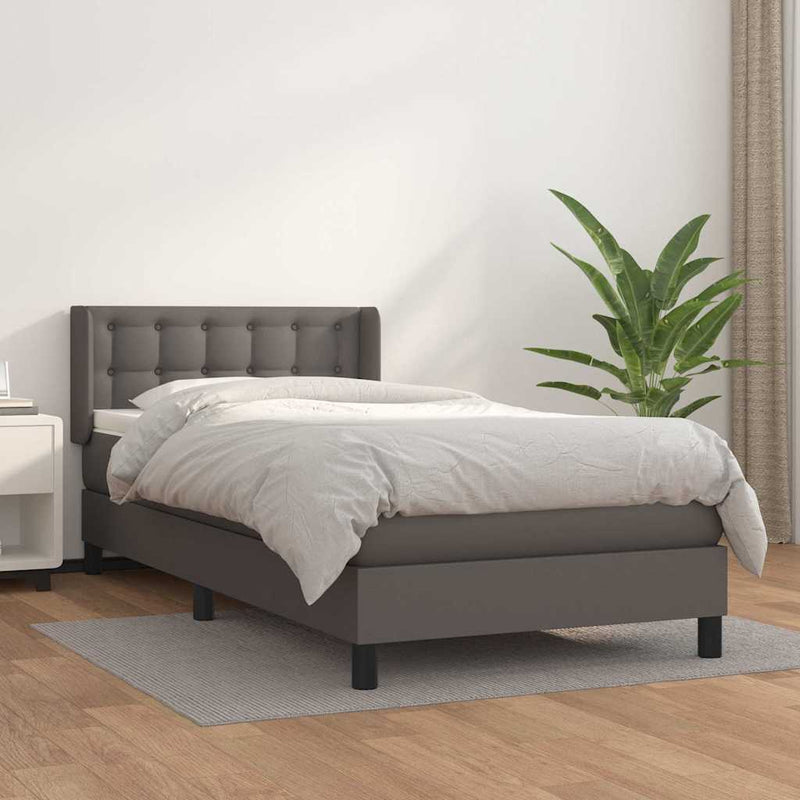 Pat box spring cu saltea, gri, 90x200 cm, piele ecologică