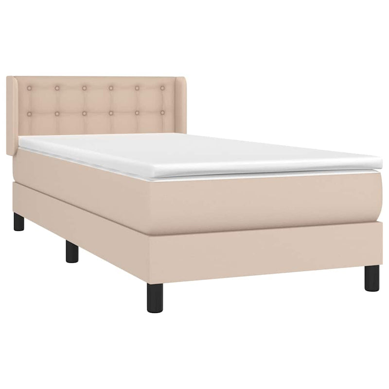 Pat box spring cu saltea, cappuccino, 90x200 cm piele ecologică