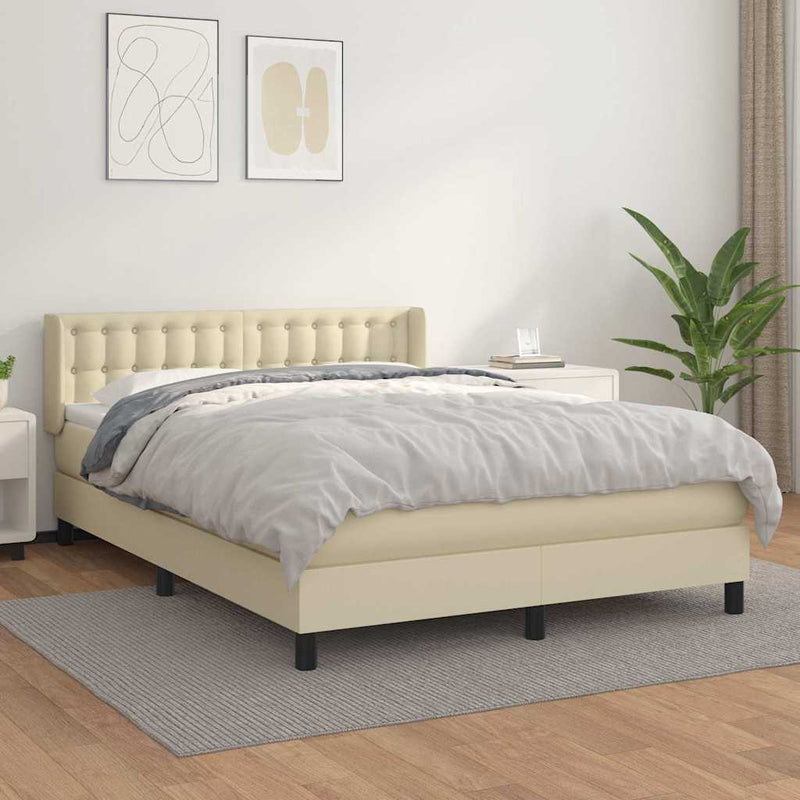 Pat box spring cu saltea, crem, 140x190 cm, piele ecologică