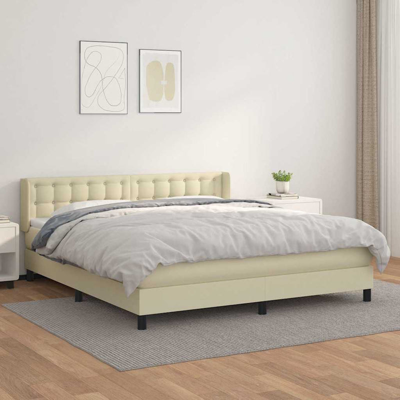 Pat box spring cu saltea, crem, 180x200 cm, piele ecologică