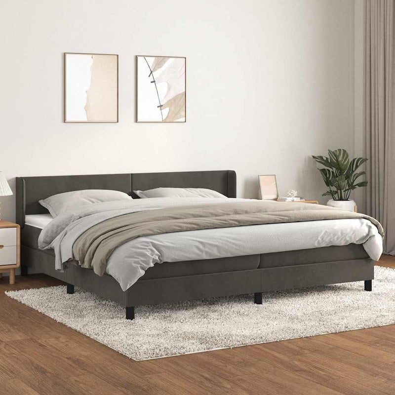 Pat box spring cu saltea, gri închis, 200x200 cm, catifea