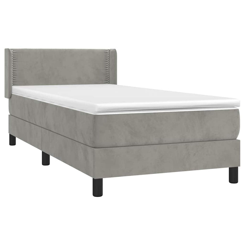 Pat box spring cu saltea, gri deschis, 90x190 cm, catifea