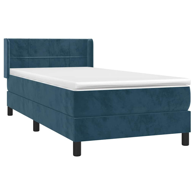 Pat box spring cu saltea, albastru închis, 90x200 cm, catifea