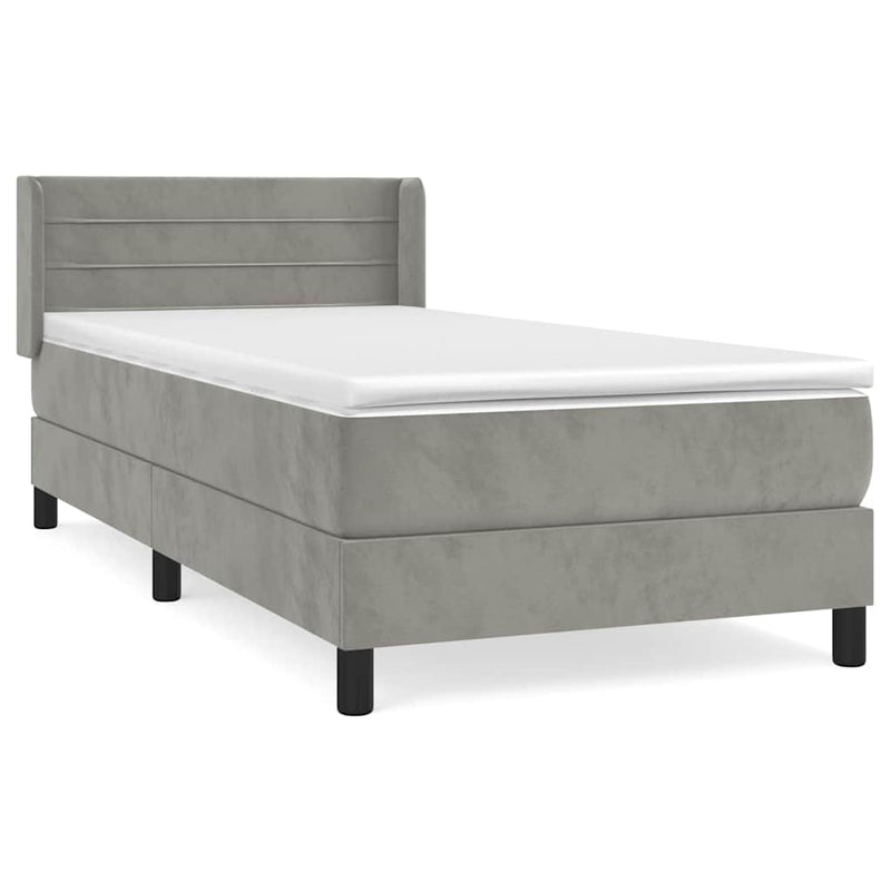 Pat box spring cu saltea, gri deschis, 90x190 cm, catifea