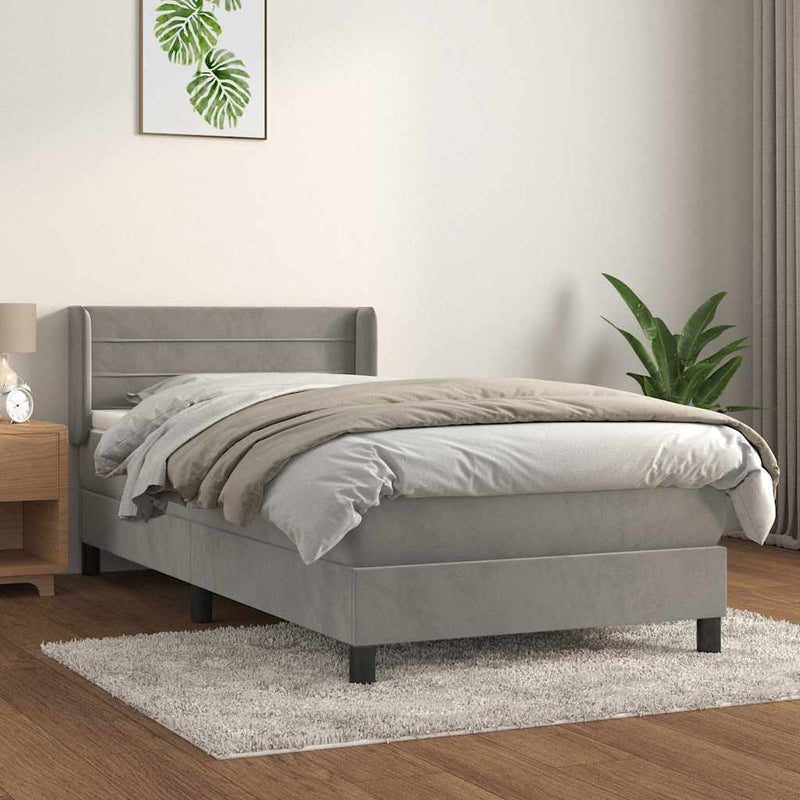 Pat box spring cu saltea, gri deschis, 90x190 cm, catifea