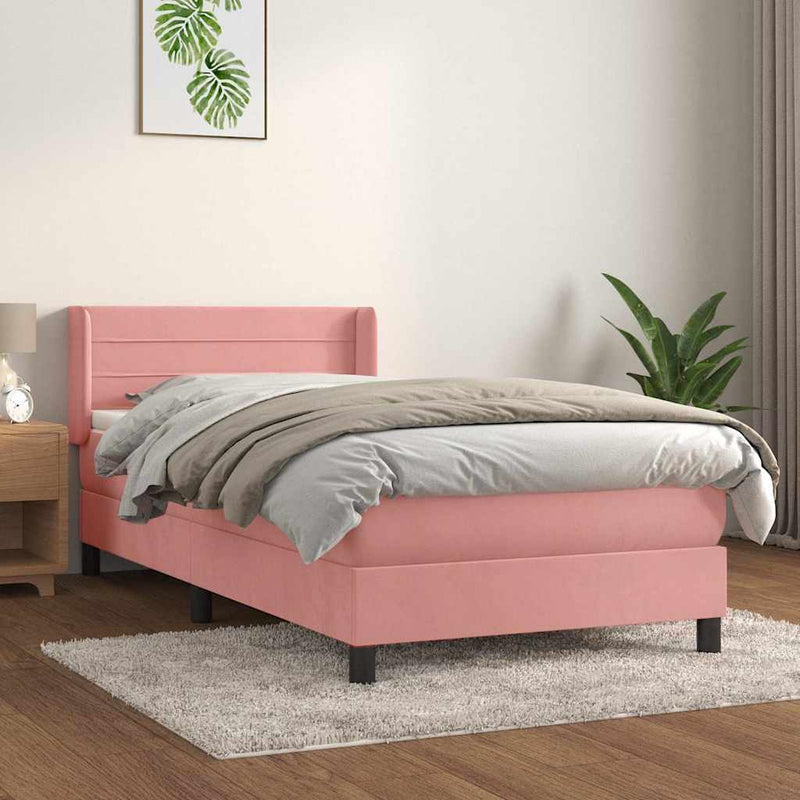 Pat box spring cu saltea, roz, 90x190 cm, catifea