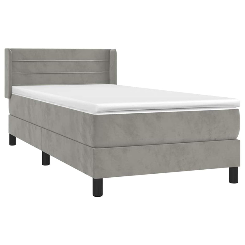 Pat box spring cu saltea, gri deschis, 90x200 cm, catifea