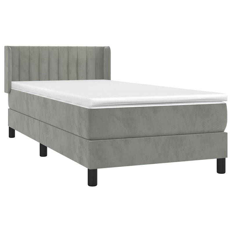 Pat box spring cu saltea, gri deschis, 90x190 cm, catifea