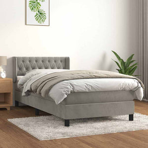 Pat box spring cu saltea, gri deschis, 90x200 cm, catifea