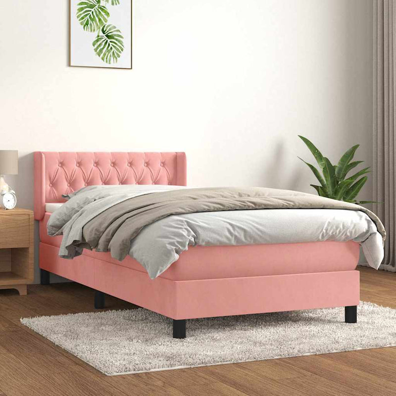 Pat box spring cu saltea, roz, 100x200 cm, catifea