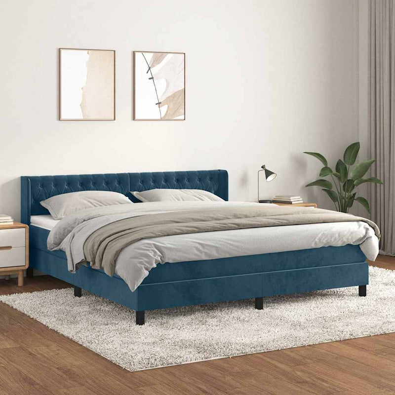 Pat box spring cu saltea, albastru închis, 160x200 cm, catifea