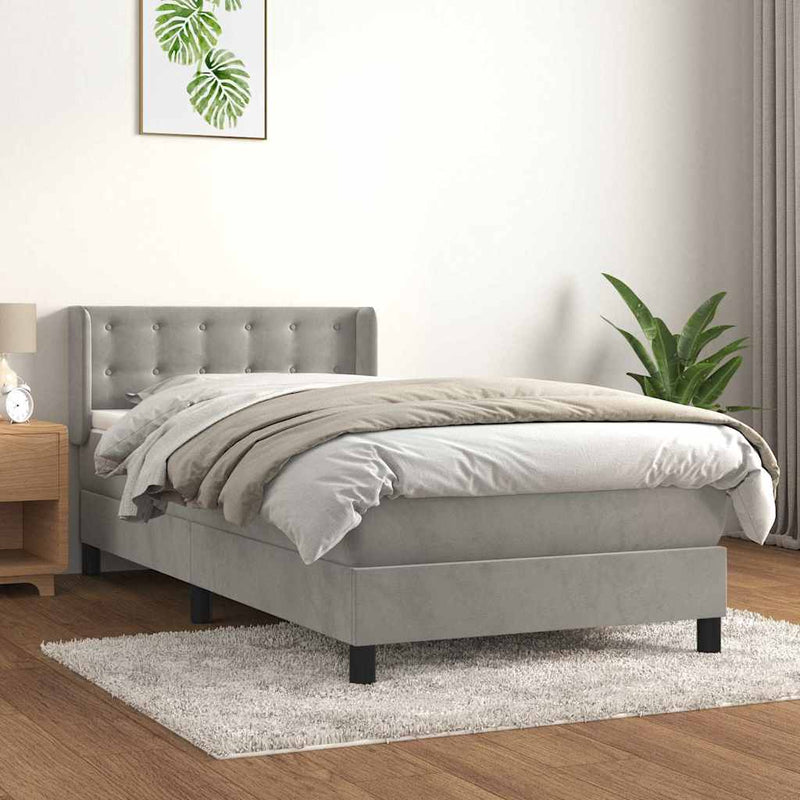 Pat box spring cu saltea, gri deschis, 90x200 cm, catifea