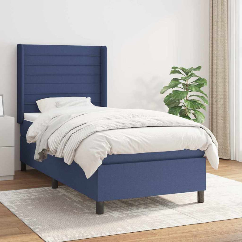 Pat box spring cu saltea, albastru, 90x200 cm, textil
