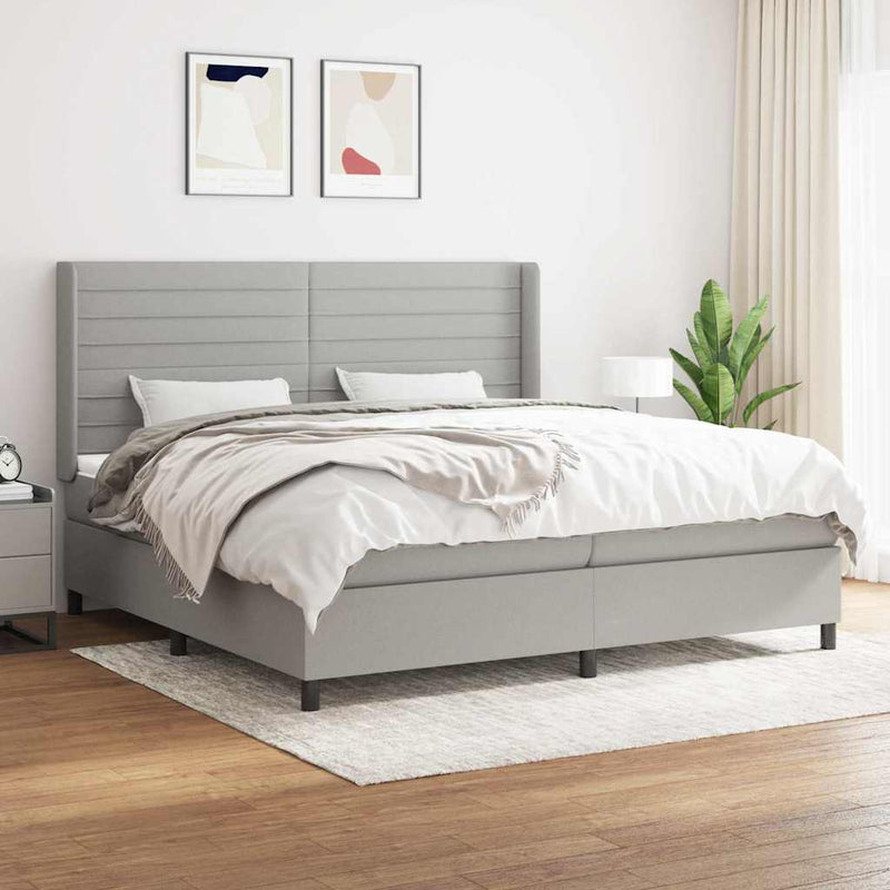 Pat box spring cu saltea, gri deschis, 200x200 cm, textil