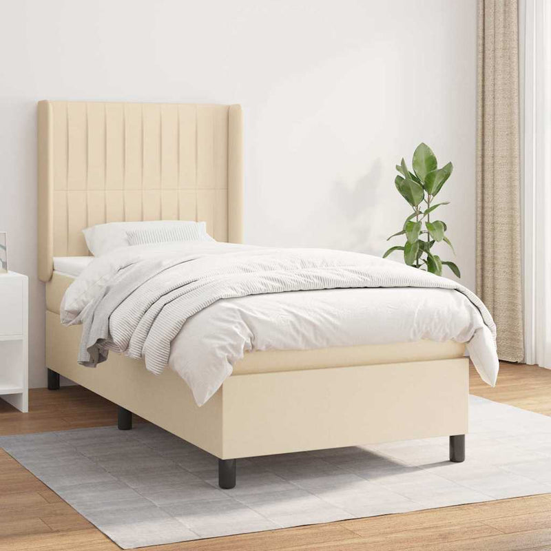 Pat box spring cu saltea, crem, 90x190 cm, textil