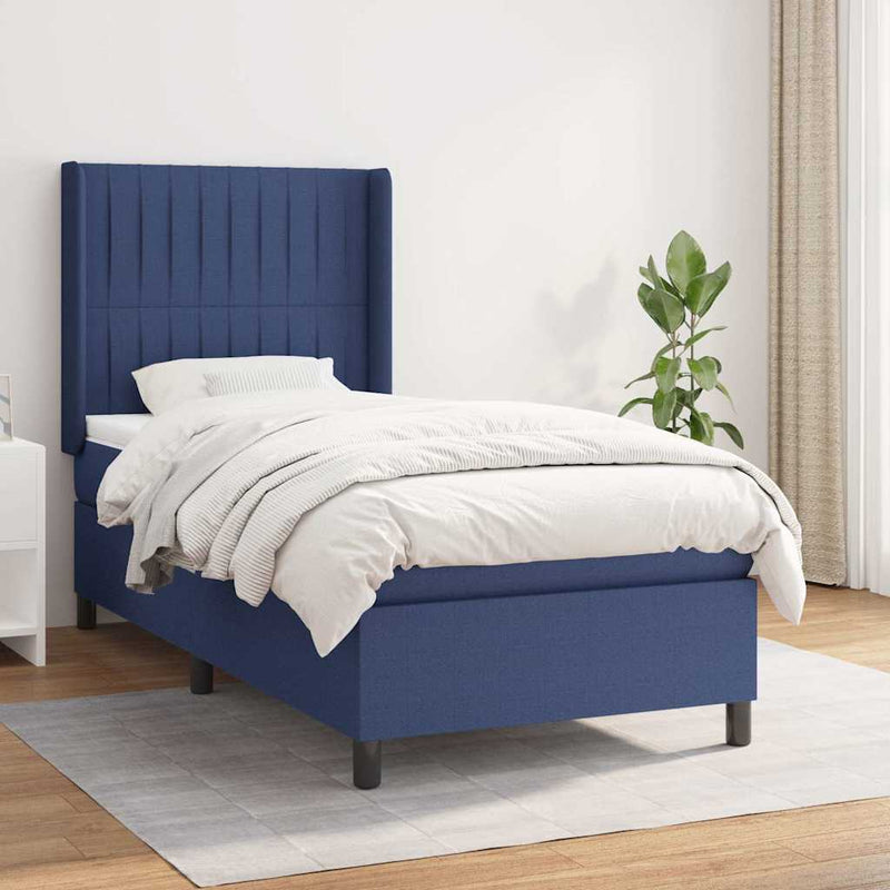 Pat box spring cu saltea, albastru, 90x190 cm, textil
