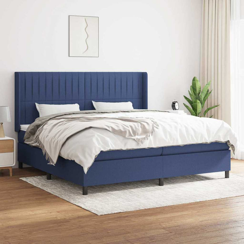 Pat box spring cu saltea, albastru, 200x200 cm, textil
