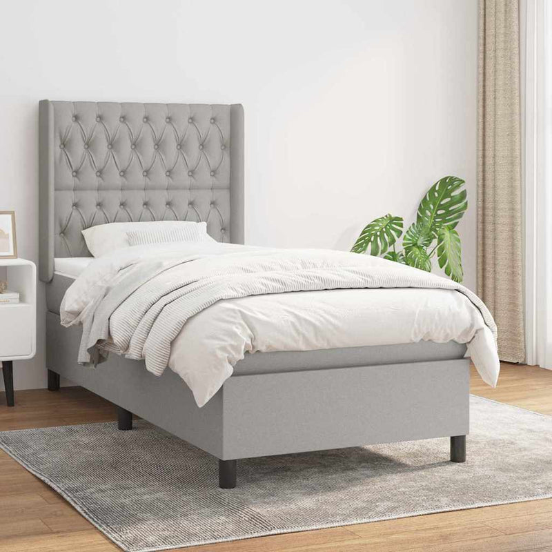 Pat box spring cu saltea, gri deschis, 90x200 cm, textil