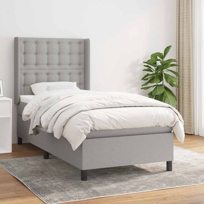 Pat box spring cu saltea, gri deschis, 90x190 cm, textil