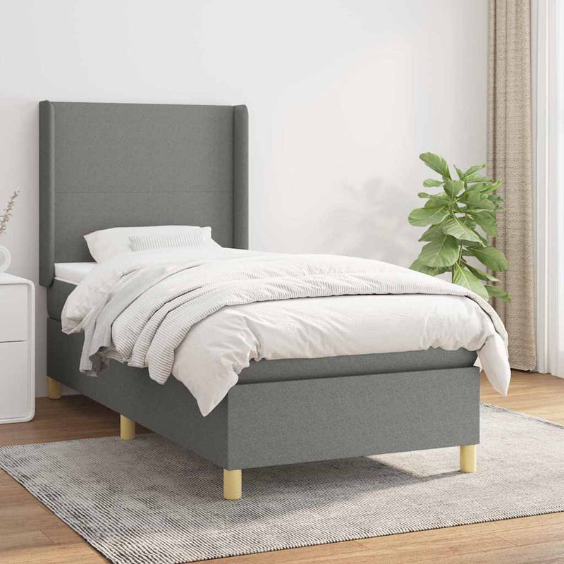 Pat box spring cu saltea, gri închis, 90x200 cm, textil