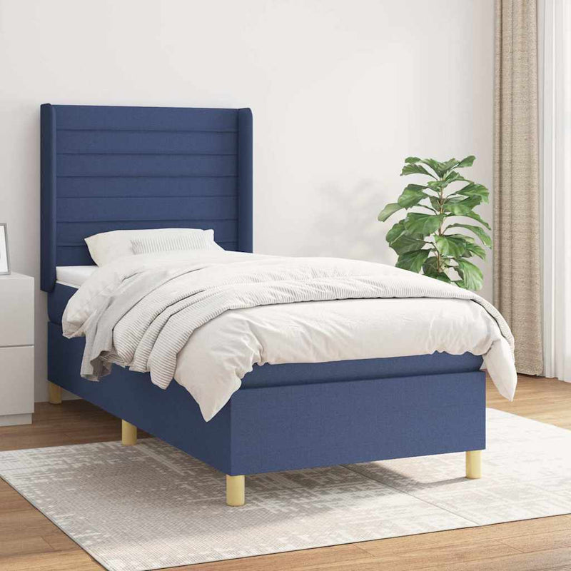 Pat box spring cu saltea, albastru, 90x200 cm, textil
