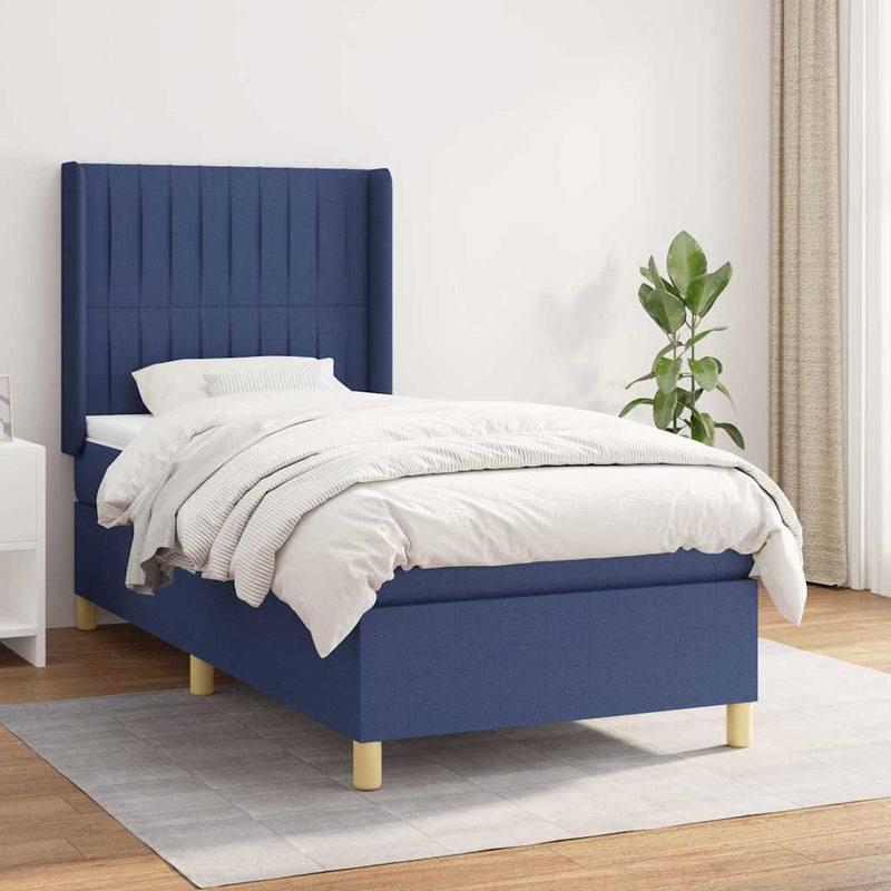 Pat box spring cu saltea, albastru, 90x190 cm, textil