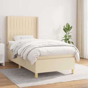 Pat box spring cu saltea, crem, 90x200 cm, textil