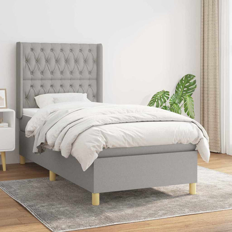 Pat box spring cu saltea, gri deschis, 90x190 cm, textil