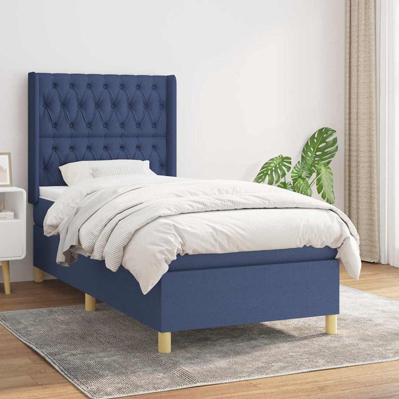 Pat box spring cu saltea, albastru, 90x200 cm, textil