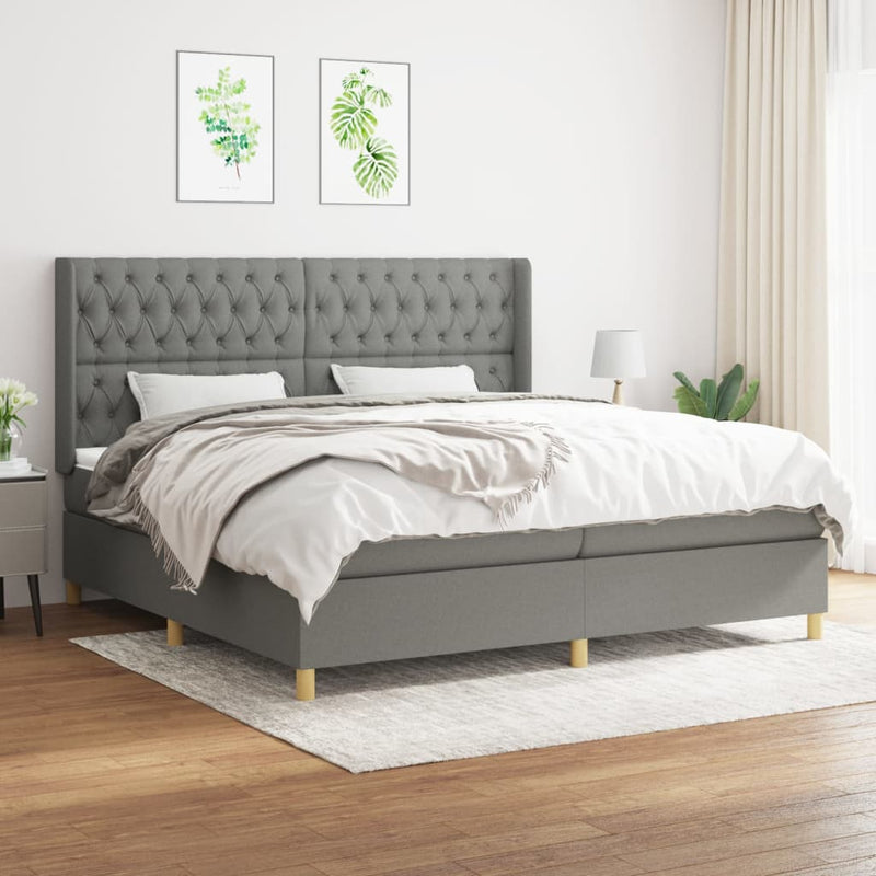 Pat box spring cu saltea, gri închis, 200x200 cm, textil