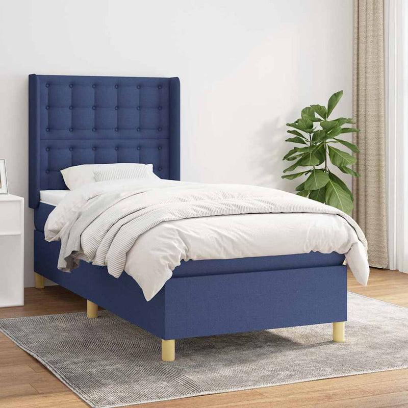 Pat box spring cu saltea, albastru, 100x200 cm, textil