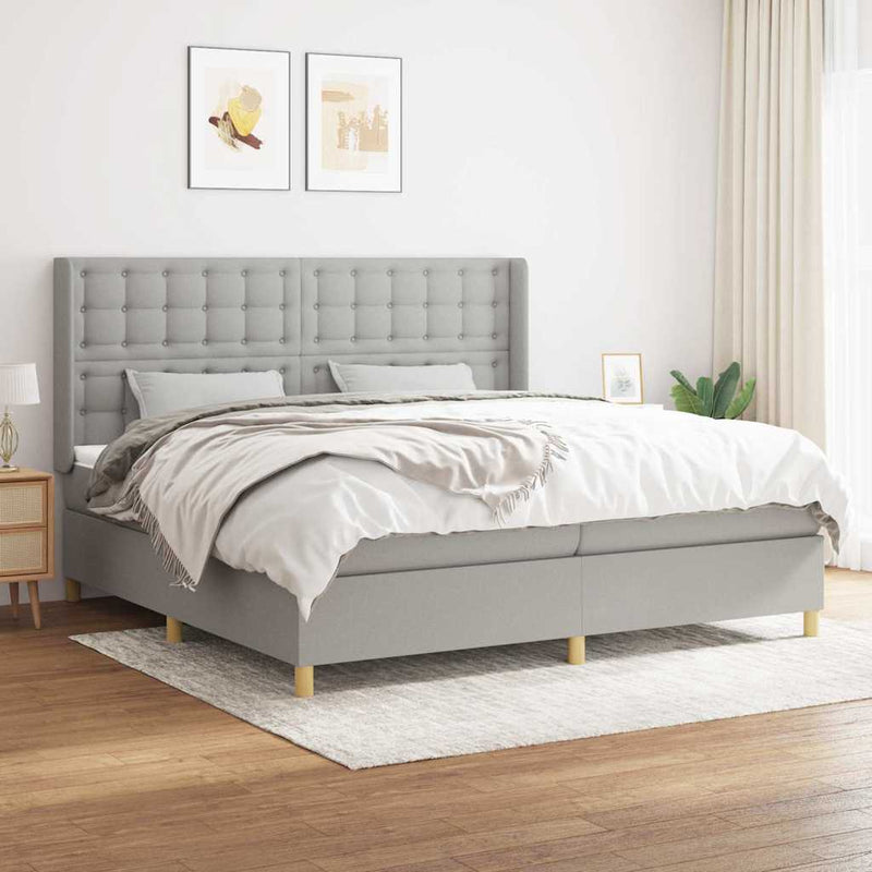 Pat box spring cu saltea, gri deschis, 200x200 cm, textil