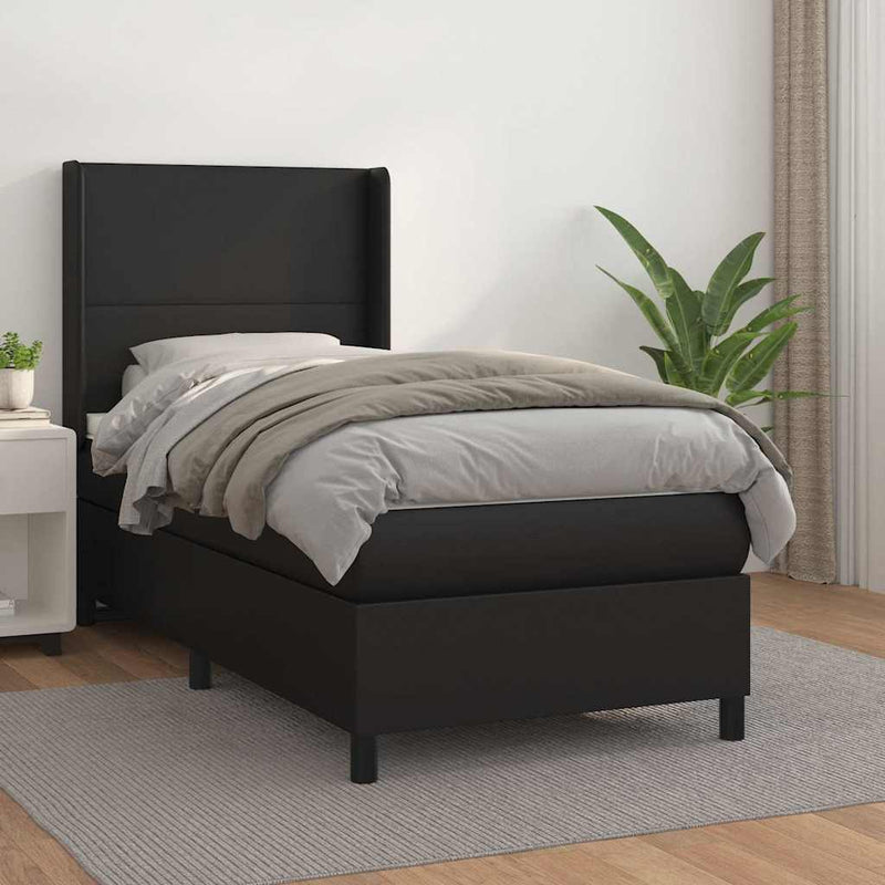 Pat box spring cu saltea, negru, 90x190 cm, piele ecologică