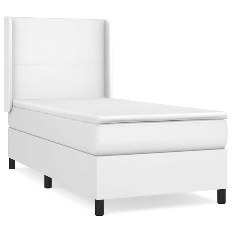 Pat box spring cu saltea, alb, 90x190 cm, piele ecologică