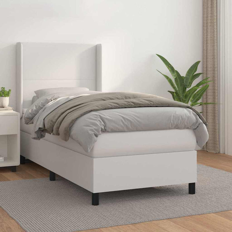 Pat box spring cu saltea, alb, 90x190 cm, piele ecologică
