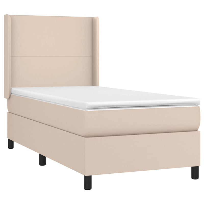 Pat box spring cu saltea, cappuccino, 90x190 cm piele ecologică