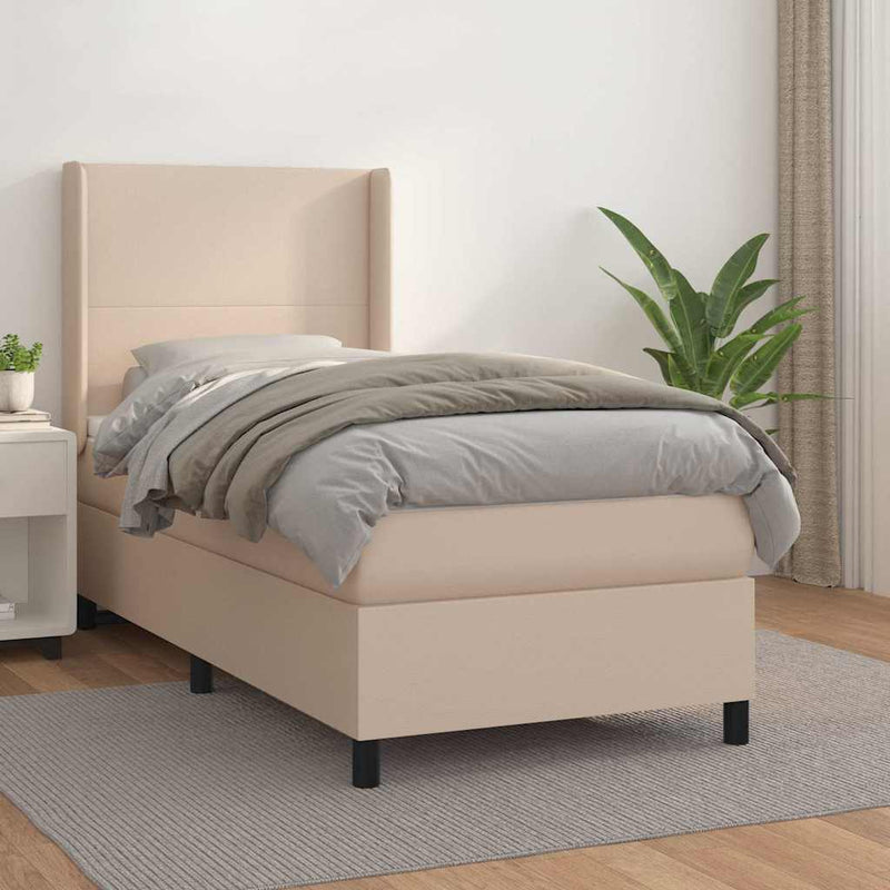 Pat box spring cu saltea, cappuccino, 90x200 cm piele ecologică