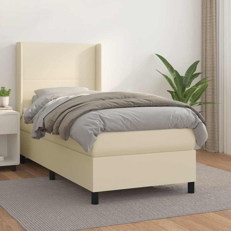 Pat box spring cu saltea, crem, 100x200 cm, piele ecologică