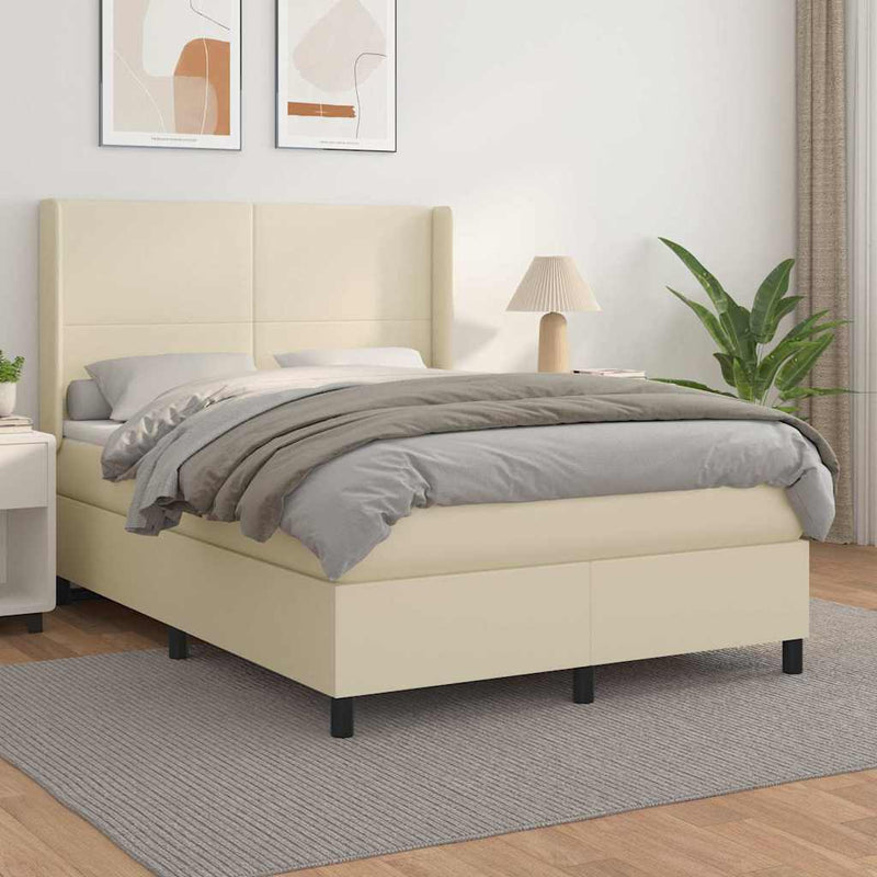 Pat box spring cu saltea, crem, 140x190 cm, piele ecologică