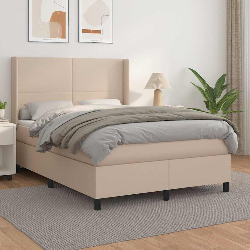 Pat box spring cu saltea, cappuccino, 140x190cm piele ecologică