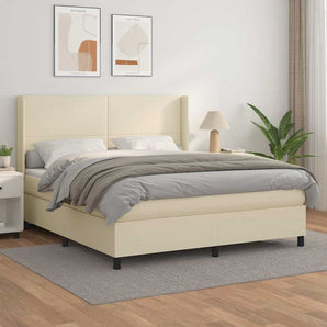 Pat box spring cu saltea, crem, 160x200 cm, piele ecologică