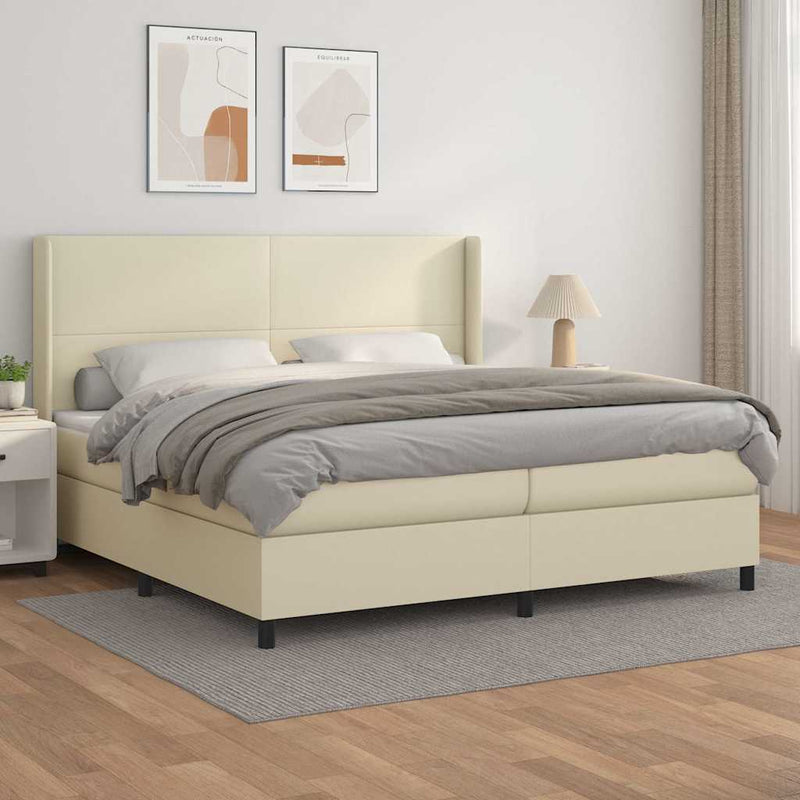Pat continental cu saltea, crem, 200x200 cm, piele ecologică