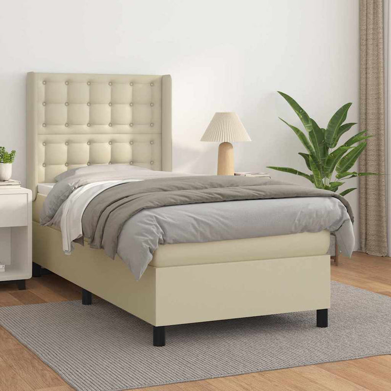 Pat box spring cu saltea, crem, 80x200 cm, piele ecologică